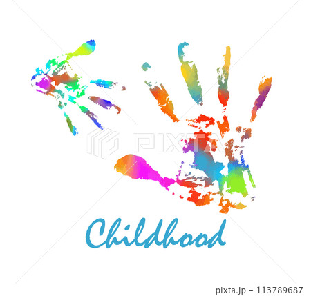 Multi-colored handprint. Rainbow hand. Child protection. Childhood care. Vector illustration Multi-colored handprint. Rainbow hand. Child protection. Childhood care. Vector illustration 113789687