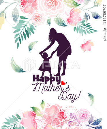 Mom and baby silhouette with flowers. Happy Mothers Day Greeting Card. Not AI. Vector illustration 113789707