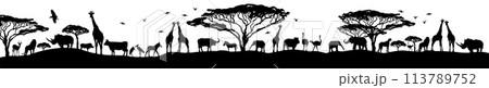 African long landscape silhouettes of animals. hand drawing. Not AI, Vector illustration 113789752