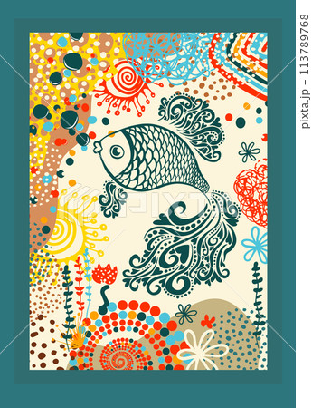 Bright color goldfish poster. Hand drawing. Not AI. Vector illustration 113789768