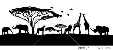 African landscape silhouettes of animals. hand drawing. Not AI, Vector illustration 113789769