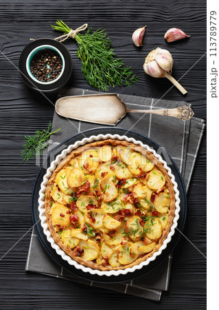Irish potato pie with bacon in baking dish Irish potato pie with bacon in baking dish 113789779