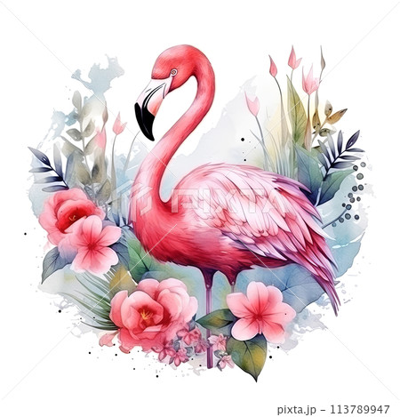 Pink Flamingo With Flowers and Leaves on White Background 113789947
