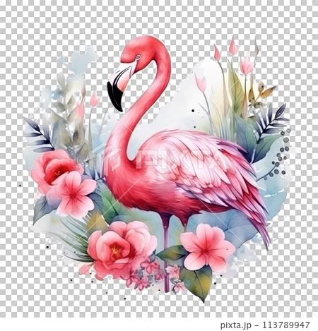 Pink Flamingo With Flowers and Leaves on White Background Pink Flamingo With Flowers and Leaves on White Background 113789947