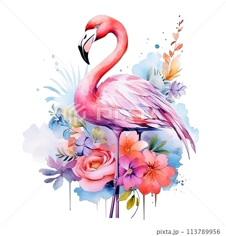 Pink Flamingo With Flowers and Leaves on White Background 113789956