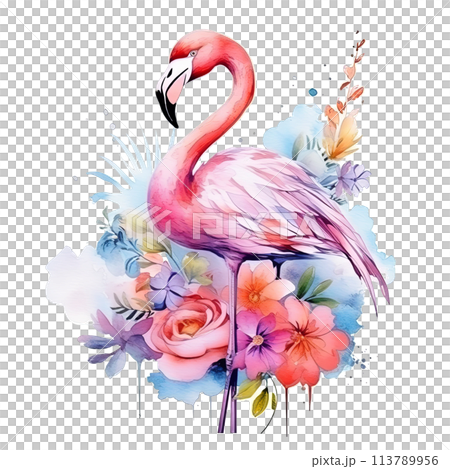 Pink Flamingo With Flowers and Leaves on White Background 113789956