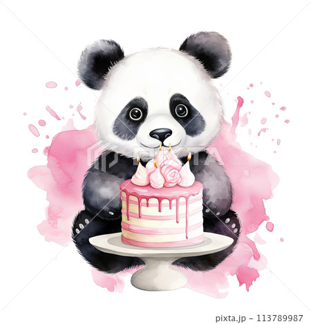 Panda Bear Holding Birthday Cake With Candles 113789987