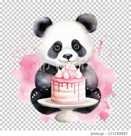 Panda Bear Holding Birthday Cake With Candles 113789987