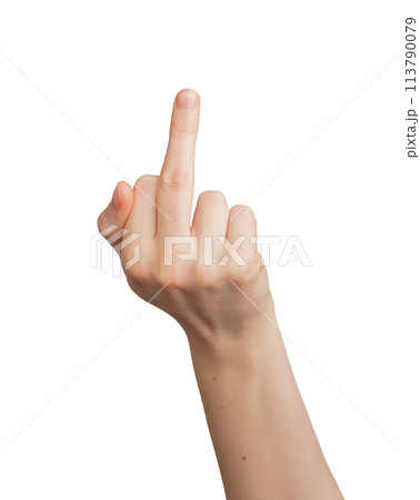 Fuck off, showing middle finger gesture, isolated on white background. Rude, offensive sign, obscene 113790079