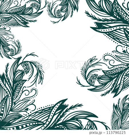 Monochrome artwork featuring plantinspired feathers on a blank canvas. hand drawing. Not AI. . Vector illustration Monochrome artwork featuring plantinspired feathers on a blank canvas. hand drawing. Not AI. . Vector illustration 113790225