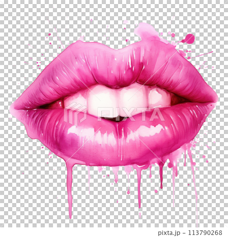 Hand drawn watercolor painting of pink lips on pink splash Hand drawn watercolor painting of pink lips on pink splash 113790268