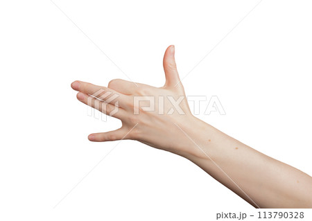hand showing funny gesture. Empty palm, thumb, finger, wrist, arm, hold sign. Business concept, hand showing funny gesture. Empty palm, thumb, finger, wrist, arm, hold sign. Business concept, 113790328