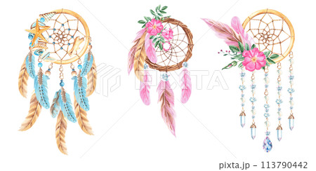 Dream catchers set with feathers, sea shell and sea star, crystals, beads and rose hip, dog rose flowers and branches. Watercolor hand drawn illustration isolated on white background. Dream catchers set with feathers, sea shell and sea star, crystals, beads and rose hip, dog rose flowers and branches. Watercolor hand drawn illustration isolated on white background. 113790442