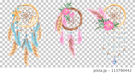 Dream catchers set with feathers, sea shell and sea star, crystals, beads and rose hip, dog rose flowers and branches. Watercolor hand drawn illustration isolated on white background. Dream catchers set with feathers, sea shell and sea star, crystals, beads and rose hip, dog rose flowers and branches. Watercolor hand drawn illustration isolated on white background. 113790442