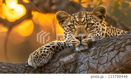 A leopard resting on a tree branch at sunset. A leopard resting on a tree branch at sunset. 113790446