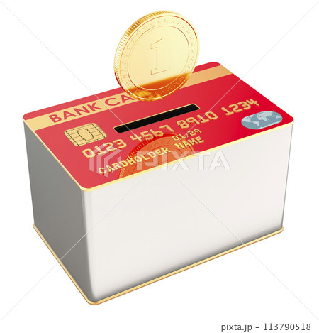 Donation can with credit card, 3D rendering Donation can with credit card, 3D rendering 113790518