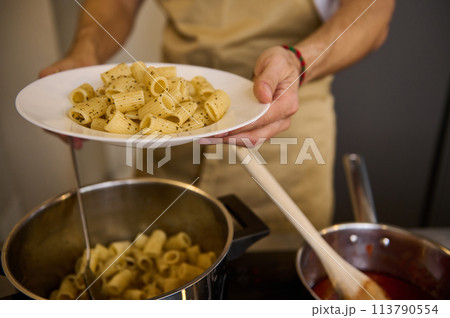 Male chef plating up Italian pasta before serving for customers. Close-up. Food and drink consumerism. Culinary. Epicure 113790554