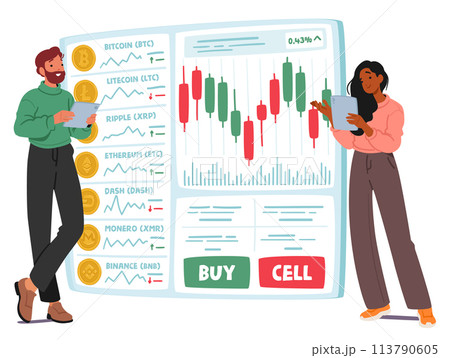 Characters Engage In Cryptocurrency Trading By Buying And Selling Digital Assets On Online Platform, Vector Illustration 113790605