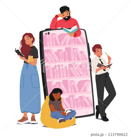 Tiny Reader Characters Utilize Online Library Services From Their Devices Anytime, Anywhere, To Access Digital Books 113790622