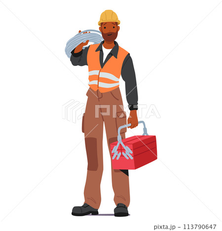 Construction Worker Male Character In Uniform Stands Tall, Holding Toolbox In Hand And Wires On Shoulder Construction Worker Male Character In Uniform Stands Tall, Holding Toolbox In Hand And Wires On Shoulder 113790647