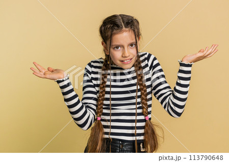 School preteen child girl asking why, what reason of failure, demonstrating disbelief by troubles School preteen child girl asking why, what reason of failure, demonstrating disbelief by troubles 113790648