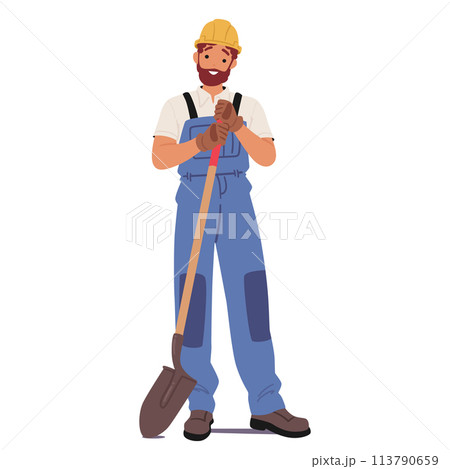 Character Construction Worker Stands With Shovel In Hand, Ready For Task Ahead, Embodying Strength And Determination 113790659