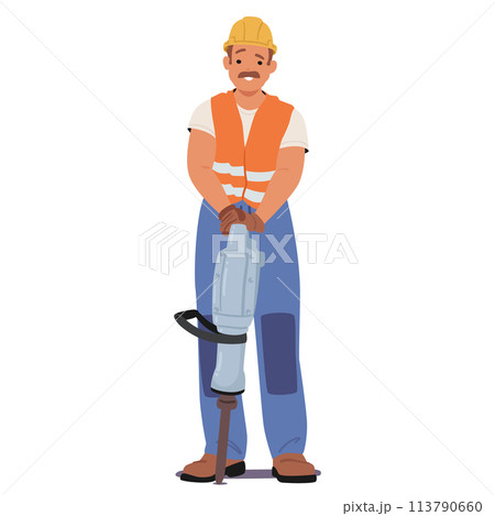 Construction Worker Stands Firmly, Gripping A Jackhammer, Ready To Break Ground With Determination And Strength 113790660
