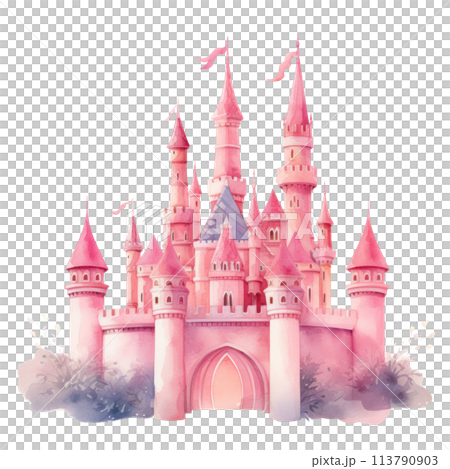 Delicate watercolor of a pink fairy tale castle, isolated on white. Delicate watercolor of a pink fairy tale castle, isolated on white. 113790903