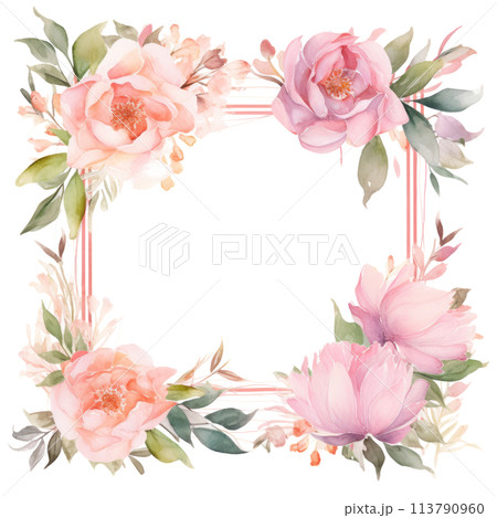 A watercolor frame adorned with graceful roses, peonies, and lilies 113790960