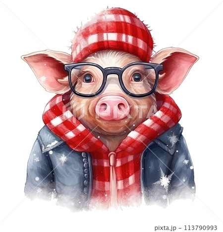 Pig Wearing Glasses and Scarf 113790993