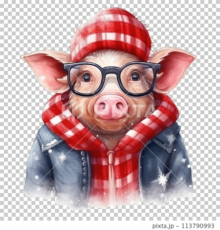 Pig Wearing Glasses and Scarf 113790993