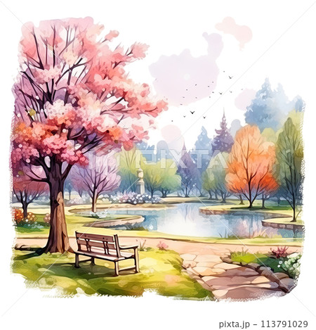 花とベンチ　水彩画 Watercolor painting tutorial for beginners 70: Painting a park