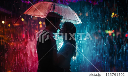 Romantic couple embracing under a clear umbrella in a colorful rain shower at night 113791502