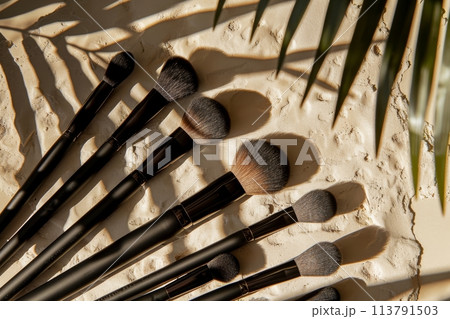Eco-friendly makeup brushes displayed on natural sand with palm shadows 113791503