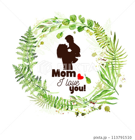 Happy Mother's Day card with green wreath. Mom and baby silhouette Greeting Card. Not AI. Vector illustration 113791510