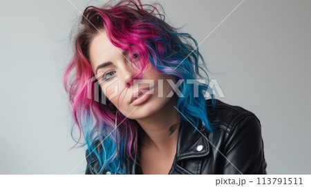 Fashion portrait of a woman with vibrant pink and blue hair, wearing a black leather jacket Fashion portrait of a woman with vibrant pink and blue hair, wearing a black leather jacket 113791511