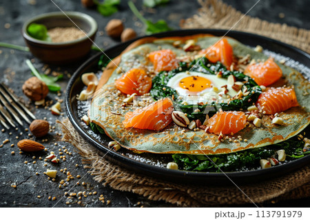 Crepes with eggs and salmon spinach Crepes with eggs and salmon spinach 113791979