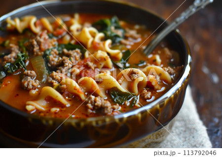 Lasagna soup in a bowl. Made with beef, sausage and spinach Lasagna soup in a bowl. Made with beef, sausage and spinach 113792046