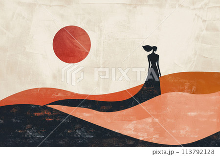 Retro trendy paper collage dune and woman with bedouin wear 113792128