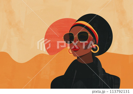 Retro trendy paper collage dune and woman with bedouin wear Retro trendy paper collage dune and woman with bedouin wear 113792131