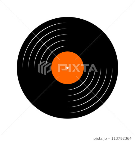 Vinyl disc icon. Turntable LP or long play music plate for gramophone isolated on white background. DJ equipment. 70s 80s discotheque nostalgia concept. Vector flat illustration 113792364