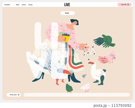 Life Unframed: Birds -modern flat vector concept illustration of a woman feeding birds. Metaphor of unpredictability, imagination, whimsy, cycle of existence, play, growth and discovery Life Unframed: Birds -modern flat vector concept illustration of a woman feeding birds. Metaphor of unpredictability, imagination, whimsy, cycle of existence, play, growth and discovery 113793092