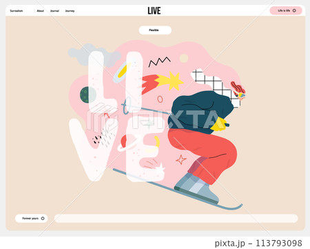 Life Unframed: Cosmic skier -modern flat vector concept illustration of a man skiing in the space. Metaphor of unpredictability, imagination, whimsy, cycle of existence, play, growth and discovery 113793098