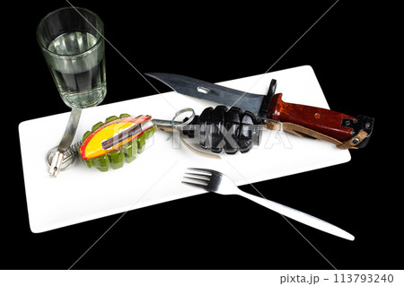 Hand grenades on a plate with rifles bayonet and glass of vodka. Military concept. Hand grenades on a plate with rifles bayonet and glass of vodka. Military concept. 113793240