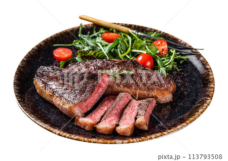 BBQ Grilled cup rump beef meat steak in plate with vegetable salad. Isolated on white background. Top view. BBQ Grilled cup rump beef meat steak in plate with vegetable salad. Isolated on white background. Top view. 113793508