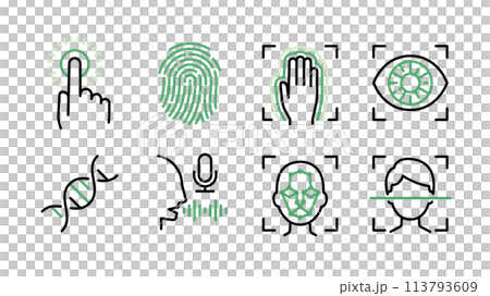 Set of biometric icons Fingerprint, vein, iris, DNA, voice, face, etc. Variable line width 113793609