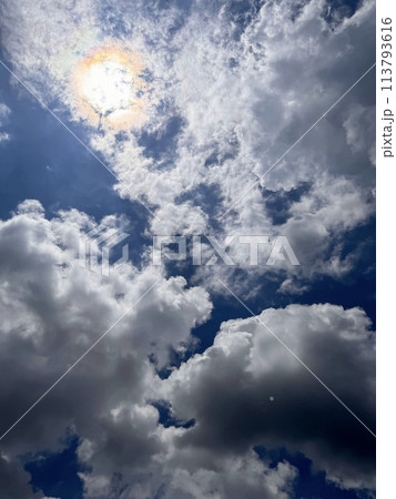 Magnificent beautiful form of cumulonimbus clouds blue sky cloud gradient light white background. Beauty clear cloudy in sunshine calm bright air background 113793616
