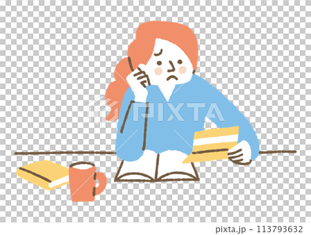 通帳を見ながら悩んでいる女性_色 113793632