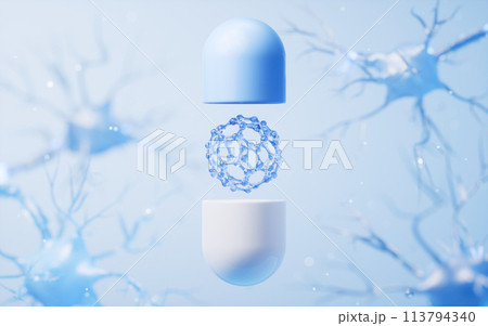Medical capsule and biology nerve cell background, 3d rendering. Medical capsule and biology nerve cell background, 3d rendering. 113794340