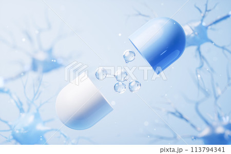 Medical capsule and biology nerve cell background, 3d rendering. 113794341